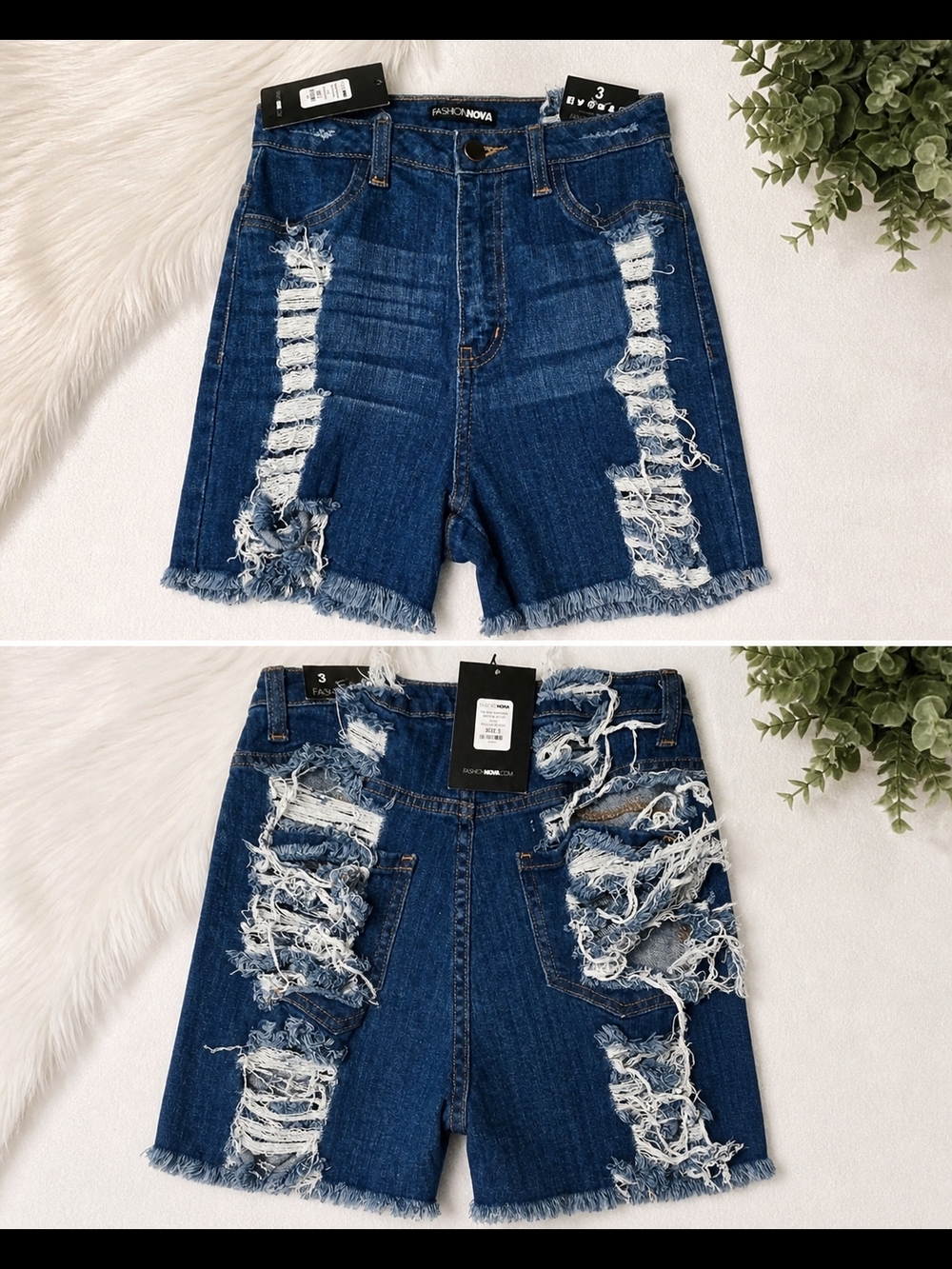 Fashion Nova Distressed High-Rise Denim Shorts - Dark Blue